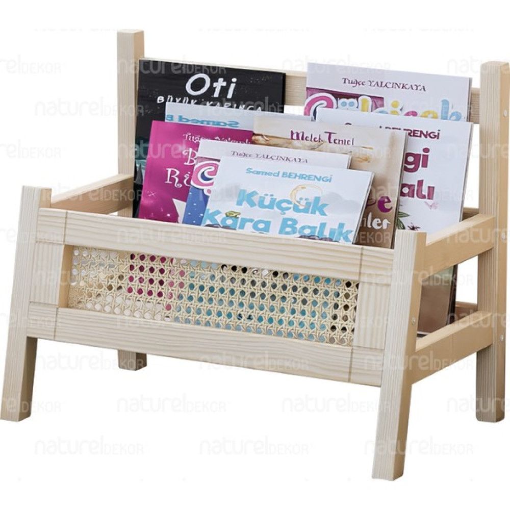 Naturel Home Baby Shark Hazeranlı Masif Ahşap Montessori Bank Kitaplık ve Hazeran Dergilik - Standart Kitaplık Fiyatı