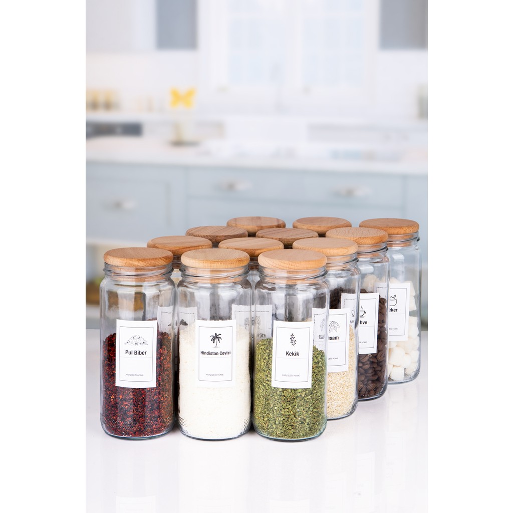Naturelove 12'li Ahşap Bambu Vakumlu Kapaklı 500 ml Boru Cam Kavanoz Jumbo Baharatlık 18 Adet Etiket Hediyeli Tuz, Şeker, Baharat Fiyatı