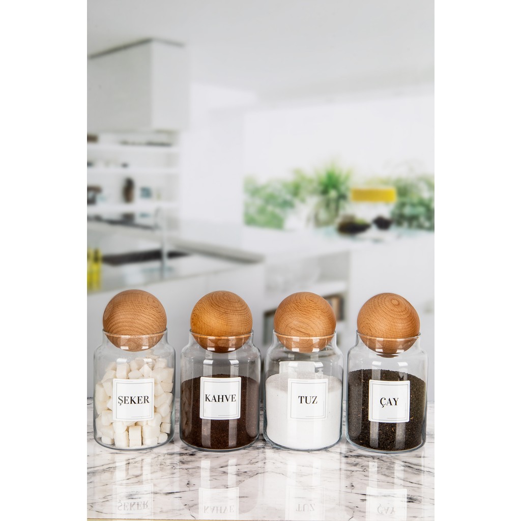 Naturelove 4'lü Ahşap Top Kapaklı Çay Şeker Kahve Tuz Kavanozu Cam 1000 ml Diğer Fiyatı