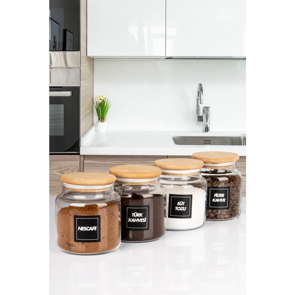 Naturelove 4'lü Ahşap Vakumlu Kapaklı Filtre Kahve, Türk Kahvesi, Nescafe, Süt Tozu Kavanozu 600 ml Cam Kavanoz Diğer Fiyatı