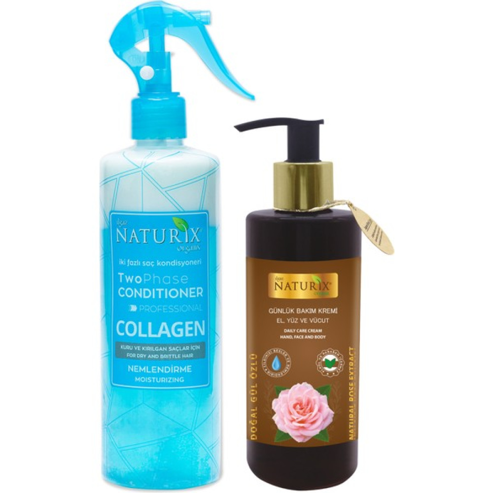 Naturix Bitkisel Collagen Fön Suyu Iki Fazlı Sıvı Saç Kremi 400 Ml +Gül Özlü Nemlendirici El - Yüz - Vücut Bakım Kremi 250 Ml Saç Bakım Maskeleri & Serumlar & Spreyler Fiyatı