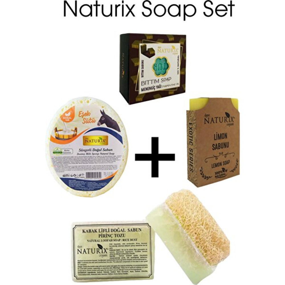 Naturix Kabak Lifli Pirinç Tozu Sabun + Bıttım Sabun+ Eşek Sütü Süngerli Sabun+ Naturix Limon Sabun Sabunlar Fiyatı