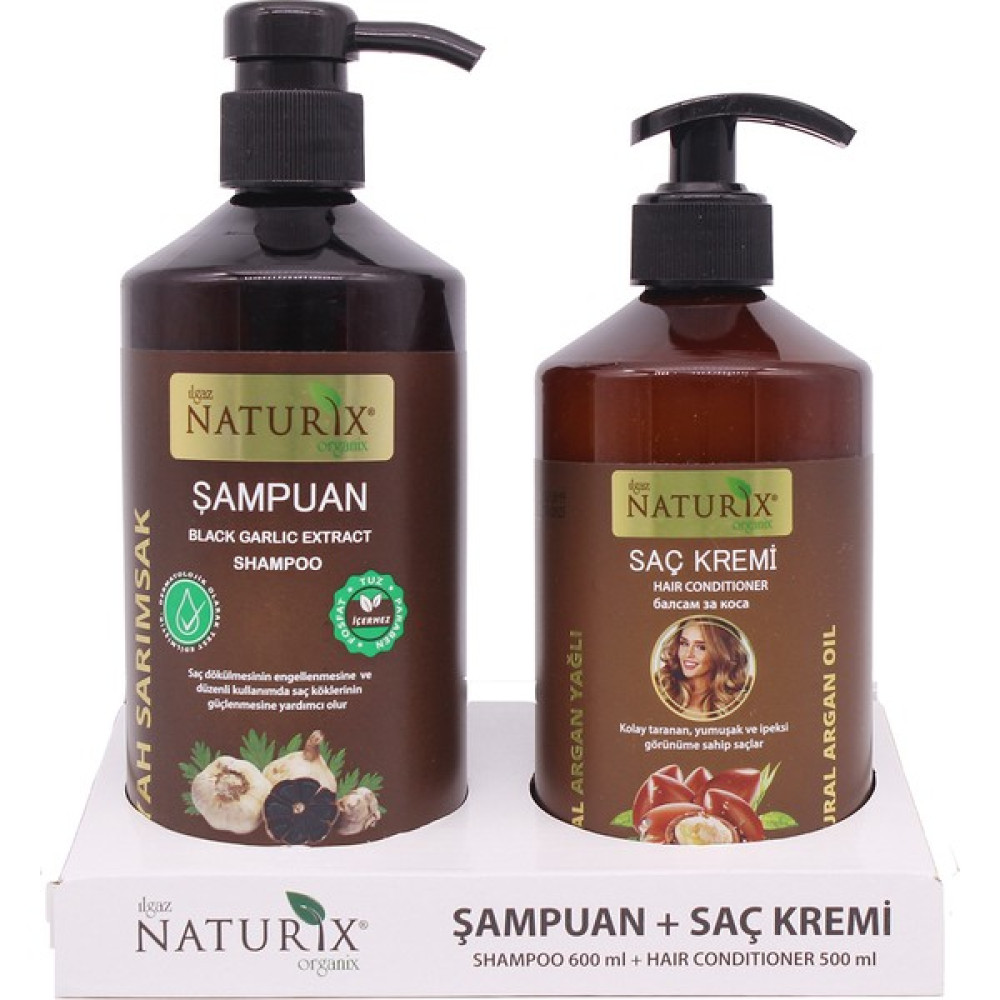 Naturix Tuzsuz Şampuan 2'li 600 ml Doğal Siyah Sarımsak Şampuanı Natural Şampuan + 500 ml Argan Yağlı Saç Kremi Şampuan ve Saç Kremi Fiyatı