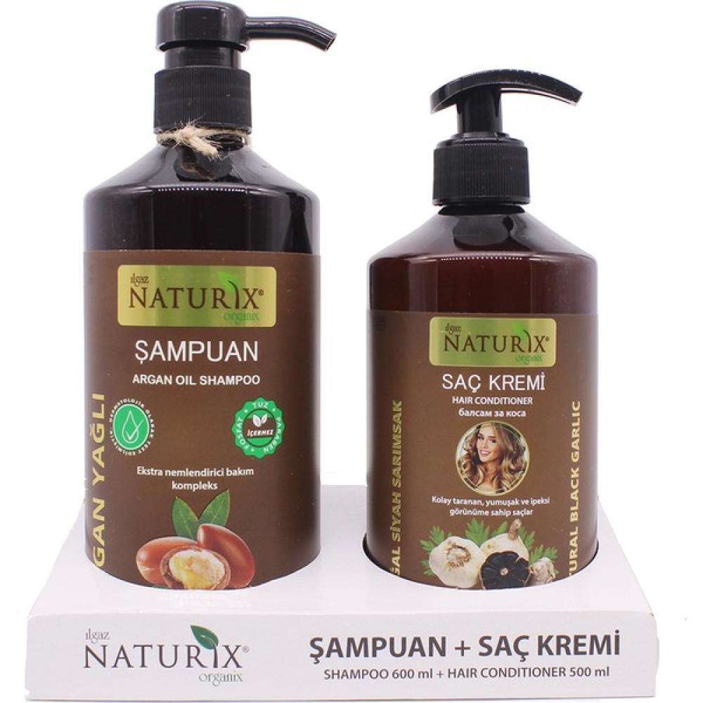 Naturix Tuzsuz Şampuan 2'li Doğal Argan Yağlı Şampuan 600 ml Saç Bakım Şampuanı + 500 ml Siyah Sarımsaklı Saç Kremi Şampuan ve Saç Kremi Fiyatı