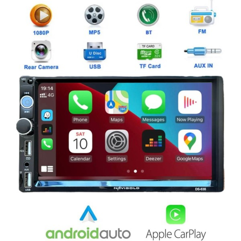 Navigold DS-638 Car Playli Double Oto Teyp Multimedya Ful Hd 7'' Inch Bluetooth- Çift USB 4X55W +Kamera Oto Görüntü Sistemleri Fiyatı