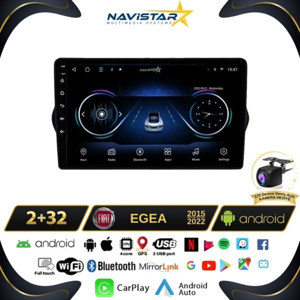Navistar Fiat Egea 2+32GB Kablosuz Carplay 2015-2022 Android 13 Navigasyo Oto Görüntü Sistemleri Fiyatı