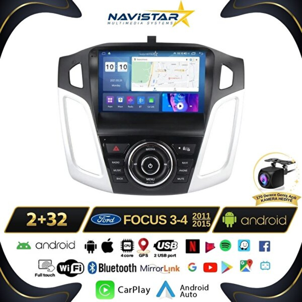 Navistar Ford Focus 3-4 2+32GB Kablosuz Carplay 2011-2015 Android 13 Navi Oto Görüntü Sistemleri Fiyatı