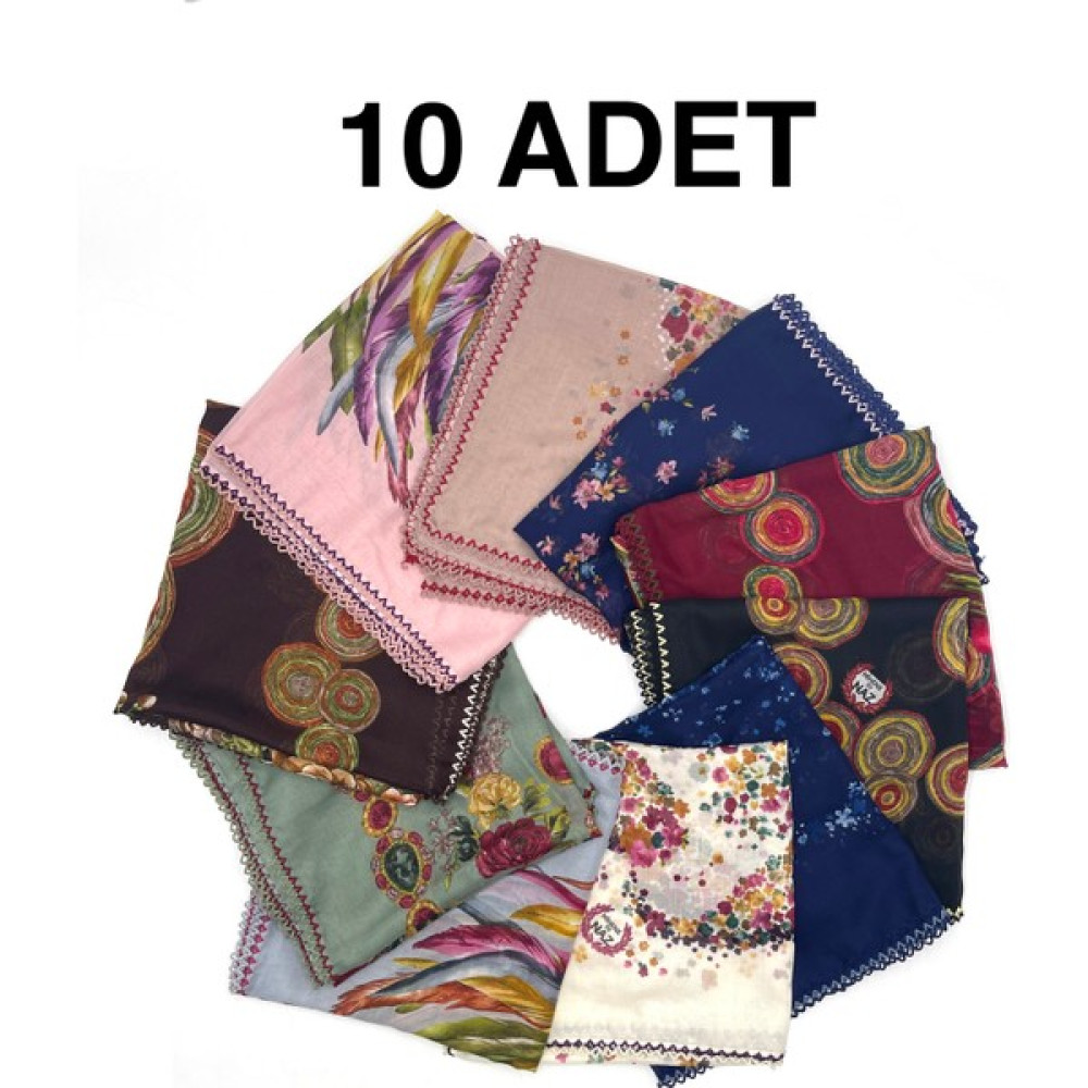 Naz İpek Kenarları Oyalı 10'lu Set Pamuklu Yazma 100X100CM Eşarp Eşarp Fiyatı