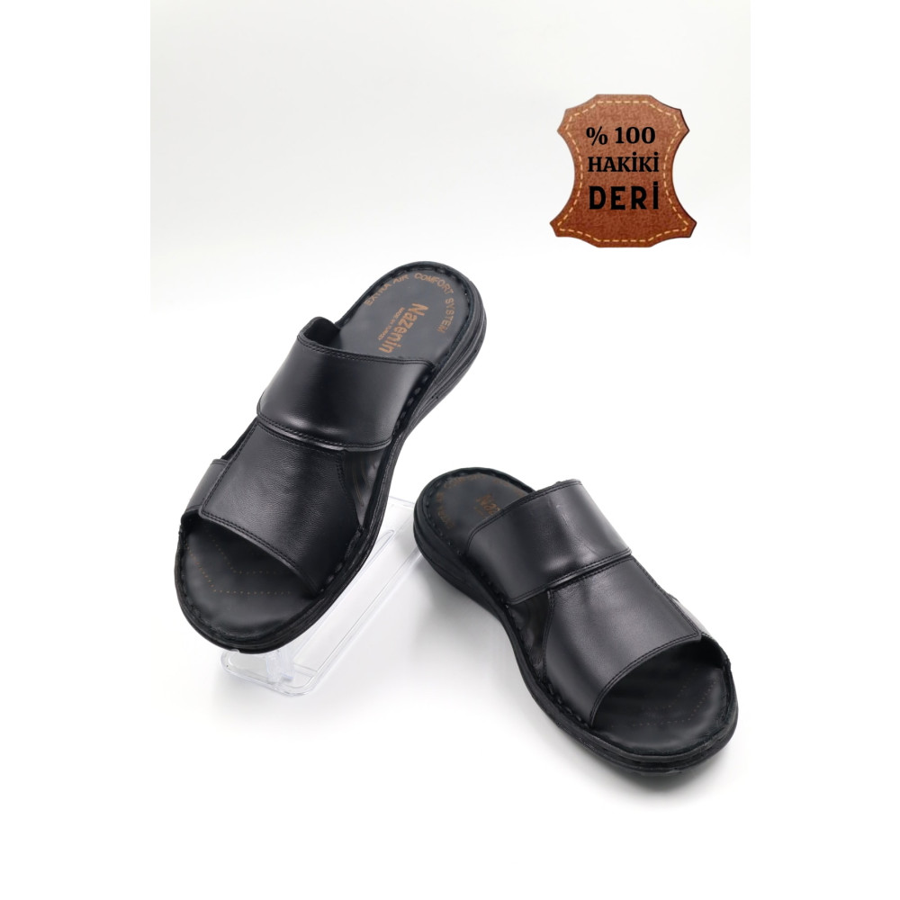 nazenintasarımlar Erkek Siyah Hakiki Deri Yumuşak Tabanlı Fuspetli Terlik 41 Beden Unisex Sandalet Fiyatı