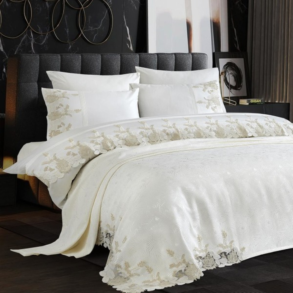 Nazik 7 Parça Floransa Dantelli Nevresim Takımı ve Jakarlı Şönil Pike Seti - Krem - 200 x 220 cm Nevresim Takımı Fiyatı