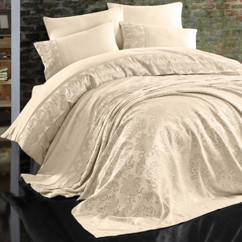 Nazik 7 Parça Valeria Dantelli Nevresim Takımı ve Pike Seti - Bej - 200 x 220 cm Nevresim Takımı Fiyatı