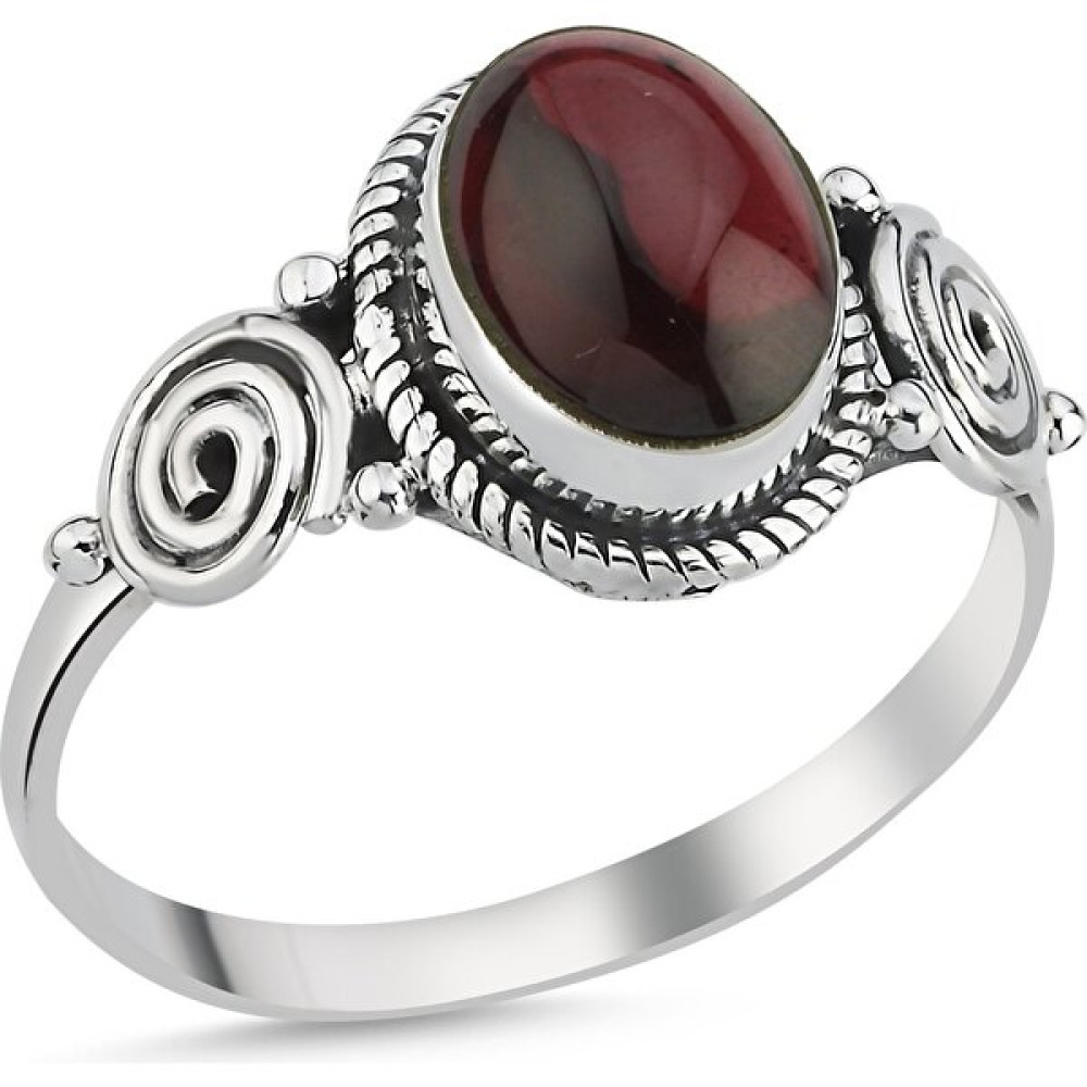 Nazik Endam Özel Seri - Kabaşon Yakut Taşlı Oval Kesim & Etnik Detaylı Oksitli Yüzük - Kadın - 2.70 Gram - 12 Gümüş Yüzük Fiyatı