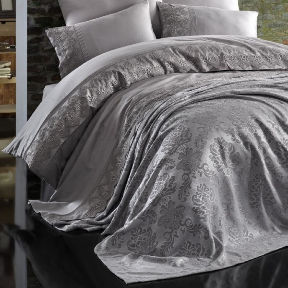 Nazik Valeria Dantelli Nevresim Takımı + Pike 7 Parça Set - 200 x 220 cm - Beyaz - Gri Nevresim Takımı Fiyatı