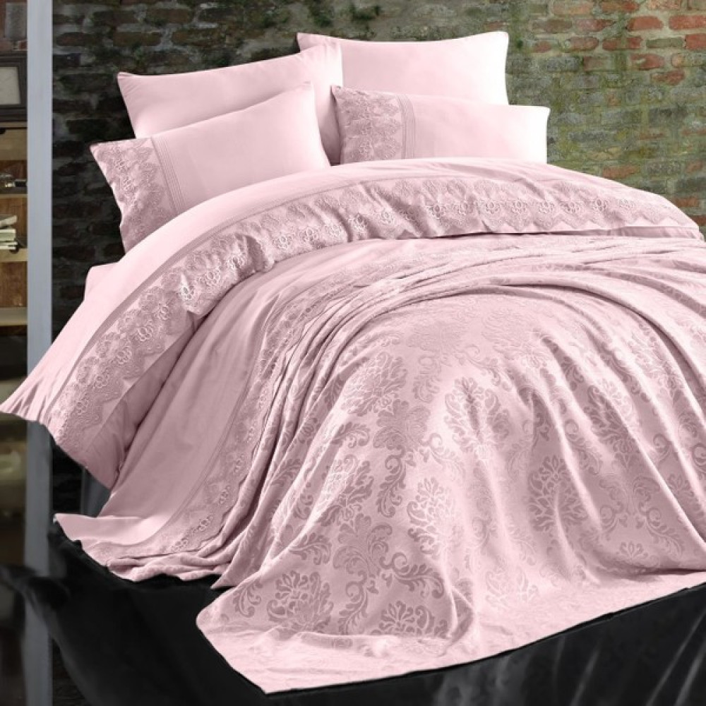 Nazik Valeria Dantelli Nevresim Takımı + Pike 7 Parça Set - Pembe - Beyaz - 200 x 220 cm Nevresim Takımı Fiyatı
