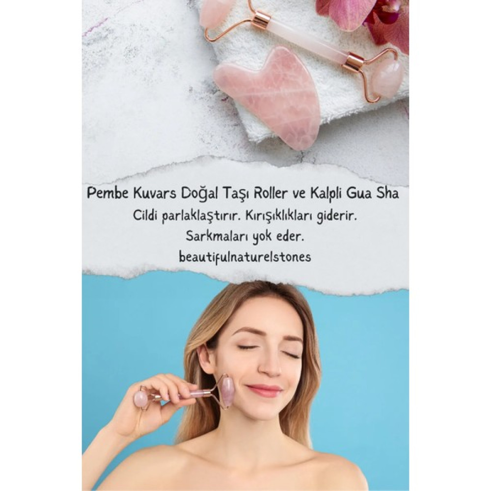 NBS Beautiful Naturel Stones Pembe Kuvars Doğal Taşı Roller ve Kalpli Gua Sha Masaj Takımı Oto Boyaları Fiyatı