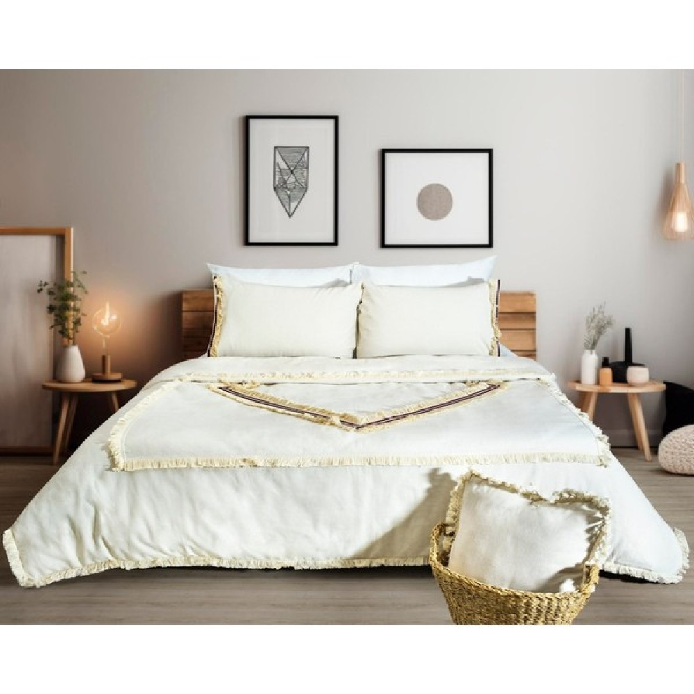 NDC Home Beyaz Pamuk Keten Renkli Püsküllü Çift Kişilik Nevresim Takımı - 200 x 220 cm Nevresim Takımı Fiyatı