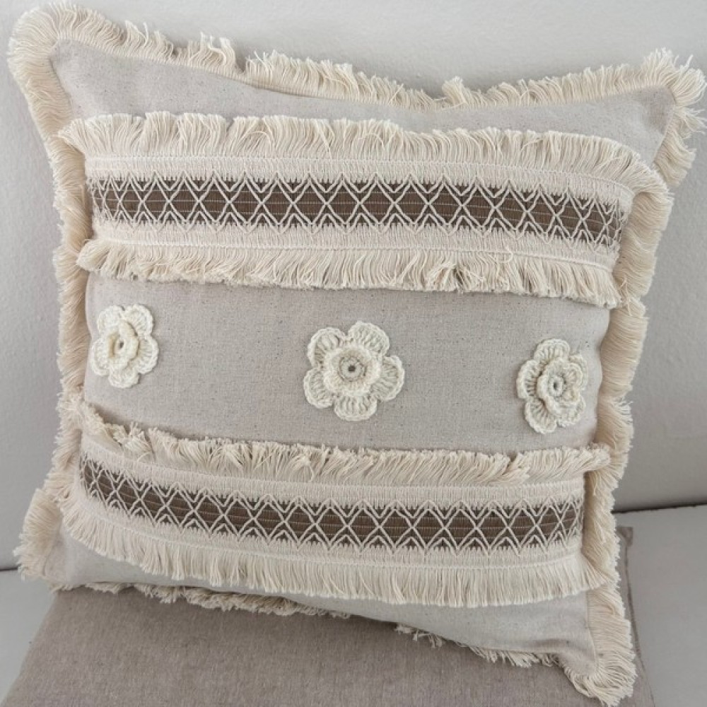 NDC Home Kalın Dantel Püsküllü ve Motifli Keten Krem Kırlent Kırlent Kılıfı 43 x 43 cm Kırlent / Mobilya Yastığı Fiyatı