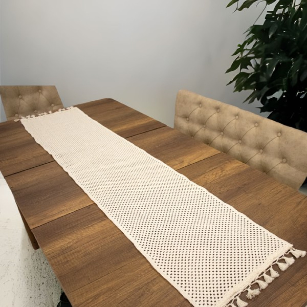 NDC Home Özel Tasarım Pamuk Örme Dantel Ponponlu Runner Masa Örtüsü 45 x 150 cm - Krem - 35 x 150 cm Amerikan Servis Fiyatı