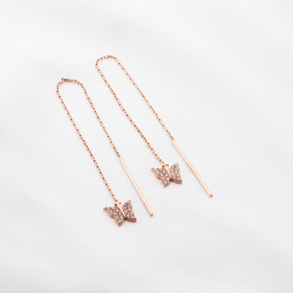 Necati Gün Gümüş Kelebek Zirkon Taşlı Rose Gold Kaplama Gümüş Zincir Küpe Gümüş Küpe Fiyatı