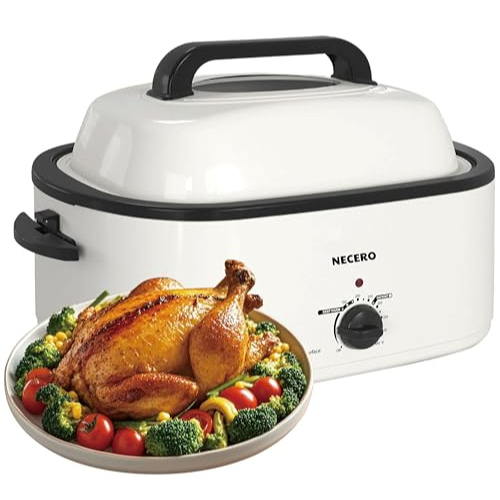 NECERO Roaster Oven 28 Quart, Electric Roaster Pan with Visible & Self-Basting Lid, Large Stainless Steel Electric Turkey Oven, Removable Pan Rack, Fits Turkeys Up to 26LB (White）