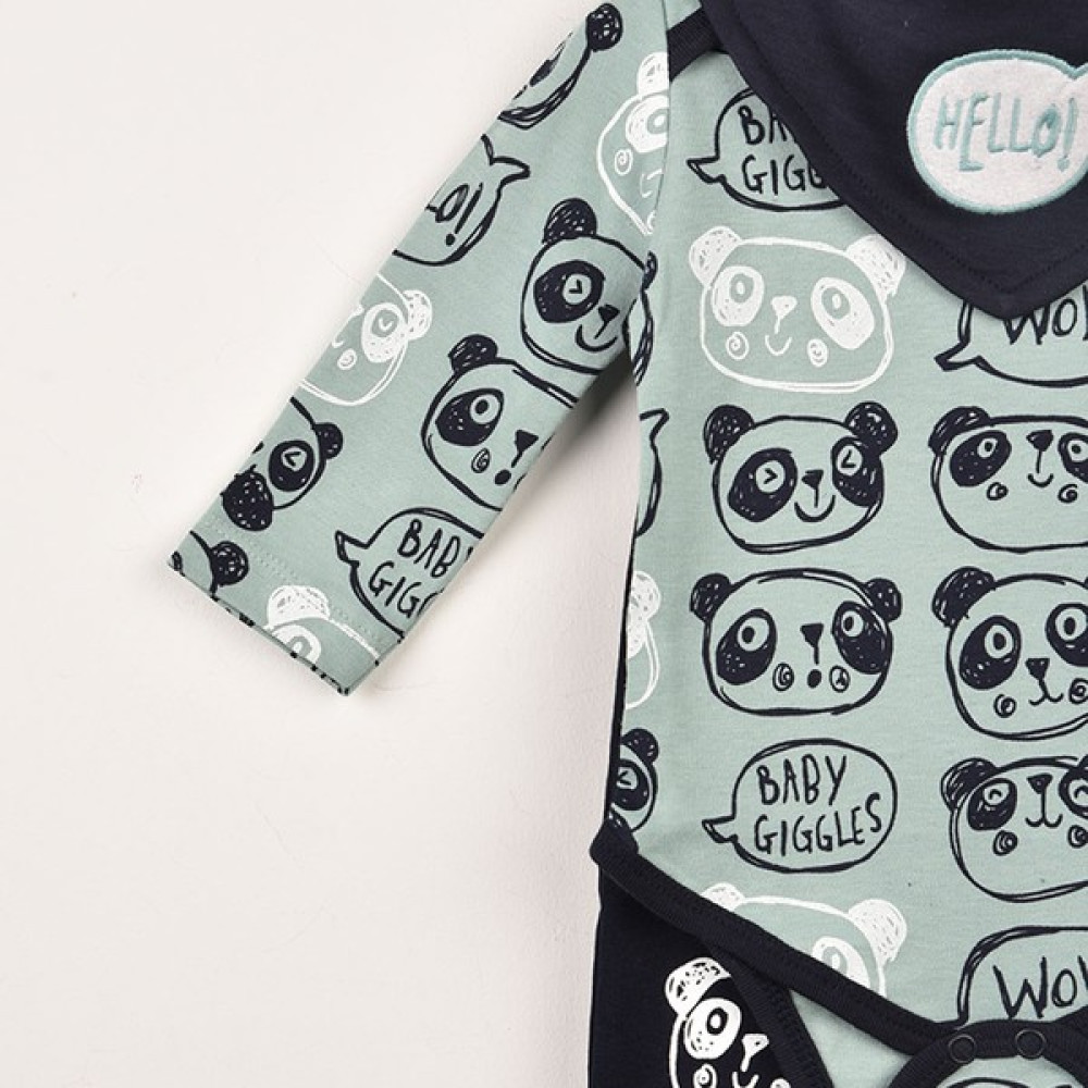 Necix's Bebek Panda Figürlü Çıtçıtlı Badili ve Fularlı Alt Üst Üçlü Takım-Yeşil Bebek Giysi Takım Fiyatı