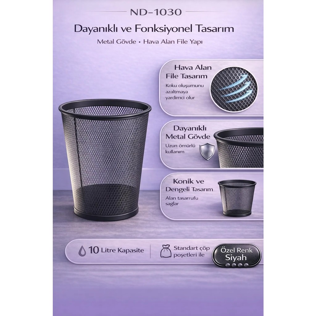 Need Tam Delikli Metal Fileli Siyah Çöp Kovası - ND-1030 Diğer Fiyatı
