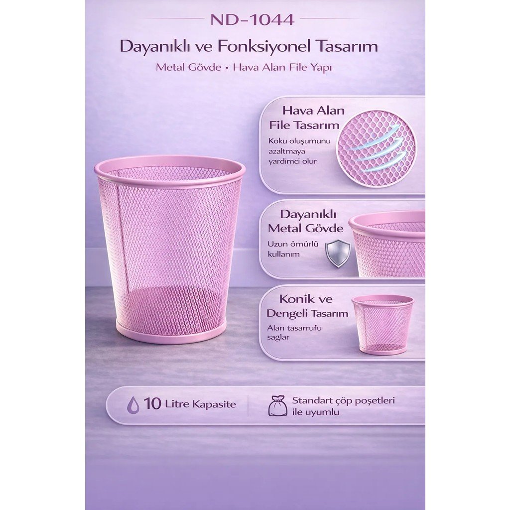 Need Tam Delikli Metal Fileli Toz Pembe Çöp Kovası - ND-1044 - Standart Ofis Çöp Kutusu Fiyatı