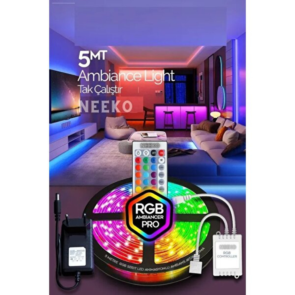 Neeko 5mt Şerit Animasyonlu Tak Çalıştır Kumandalı Trafolu Rgb Şerit Işık Aydınlatma Parti LED Led Aydınlatmalar Fiyatı