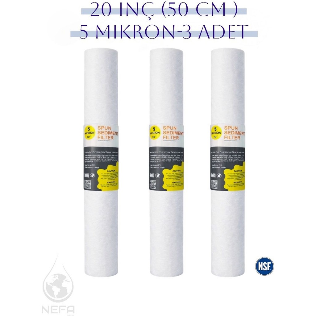 Nefa 20 Inç Su Arıtma Cihazları Için -5 Mikron- Filtre (3ADET) - Beyaz - . Su Arıtma Cihazı Fiyatı