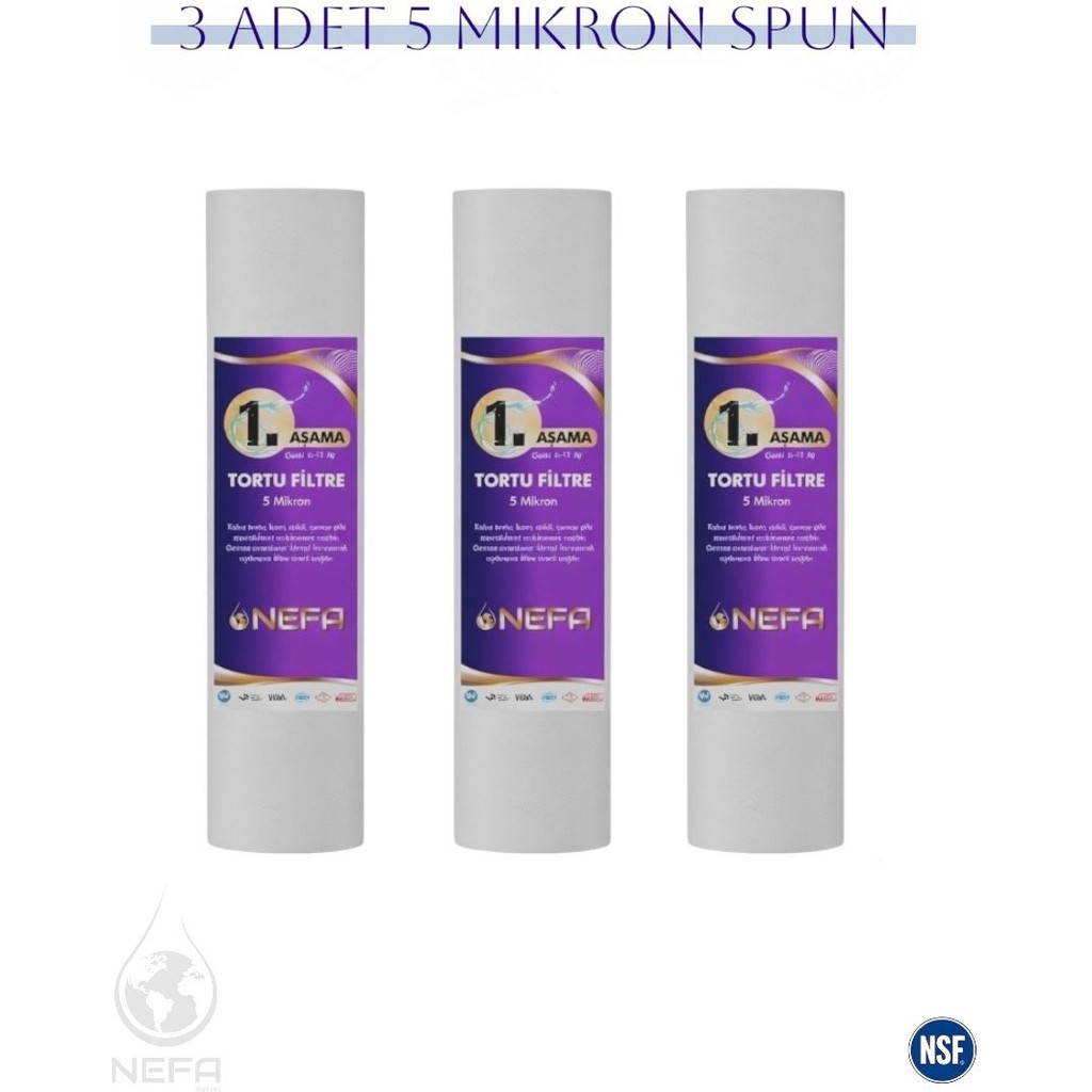Nefa Su Arıtma 10'' 5 Micron 1. Aşama Spun Filtre (3 Adet) - Beyaz - 3 Adet Su Arıtma Cihazı Fiyatı