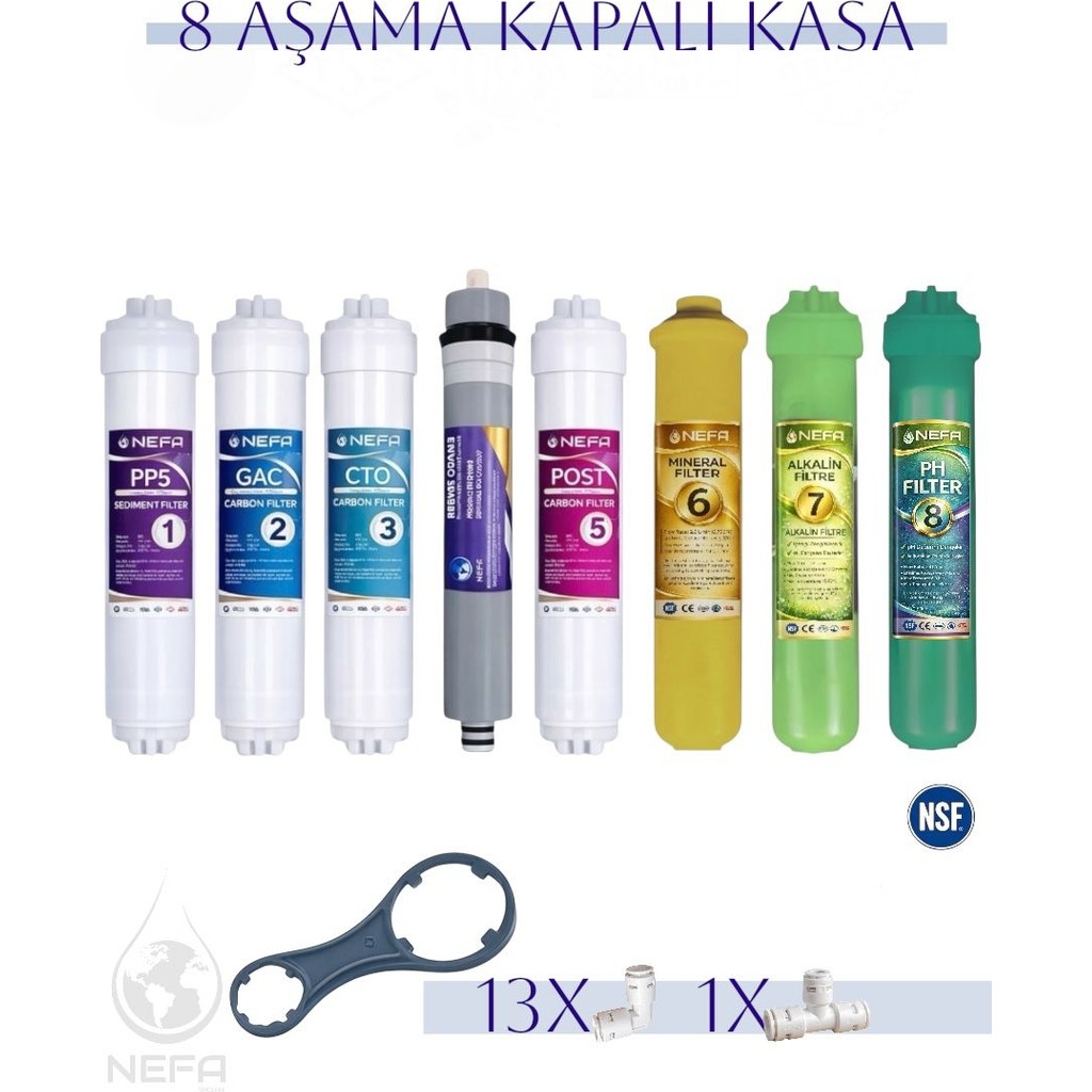 Nefa Tüm Kapalı Kasalar ve İhlas (Silver,plus,platinum Uyumlu), 8'li Filtre Seti, (Çift Karbonlu), 80 Gpd Su Arıtma Filtre Seti Su Arıtma Cihazı Fiyatı
