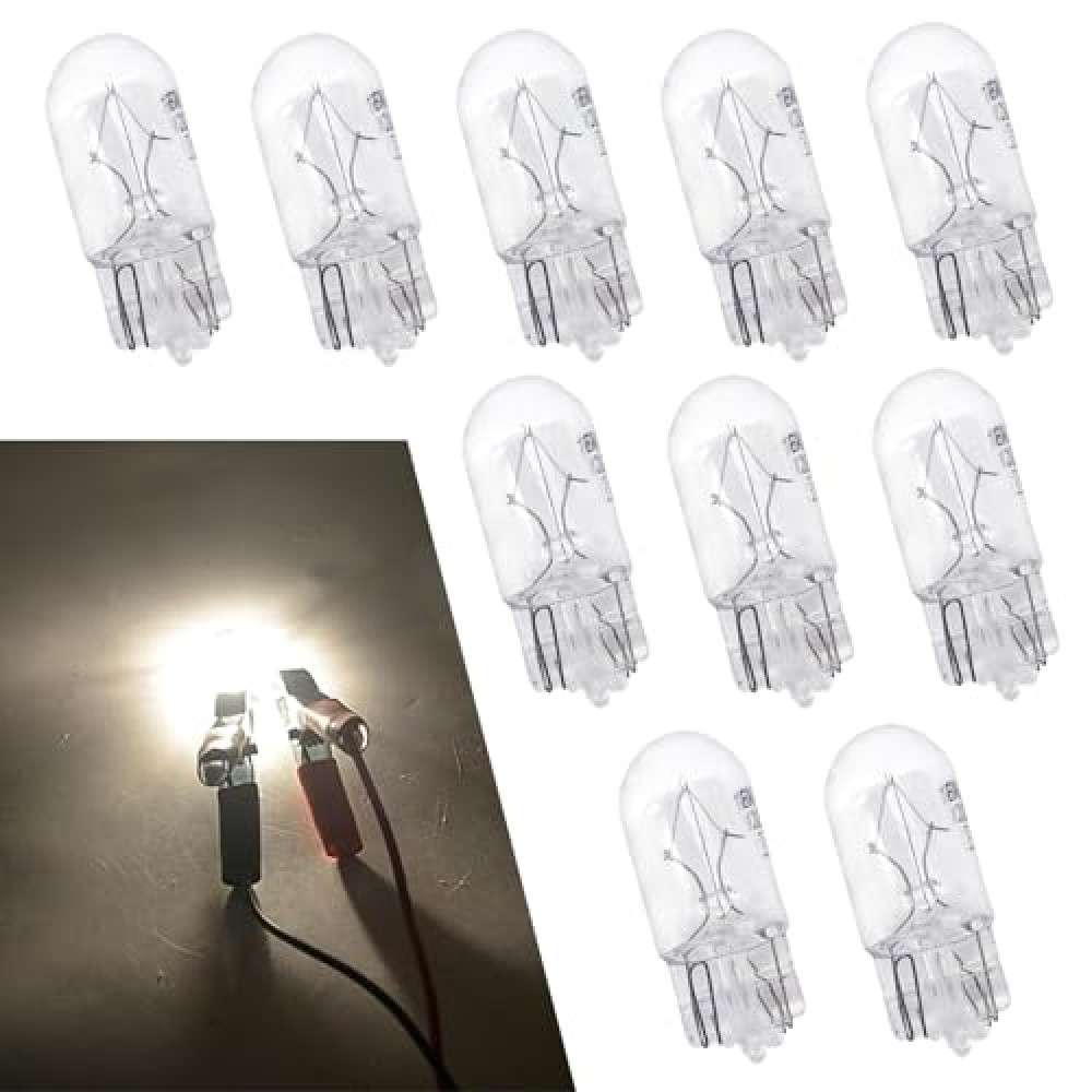 Neferta 10 PCS Car T10 Halogen Width Light Bulb, 168 192 12V 5W Flat Foot High Temperature Resistant Quartz Glass Non-glare Instrument Indicator Light, 360 Degree No Blind Spot Light (White)