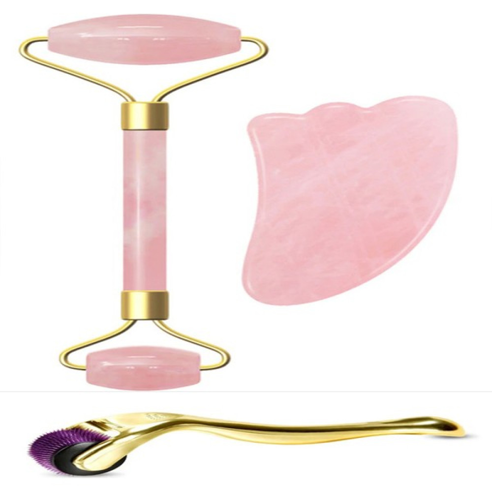 NehirTaş Pembe Kuvars Taşı Cilt Masaj Aleti + Gua Sha Taşı + Titanyum Lux Dermaroller Masaj Cihazları Fiyatı