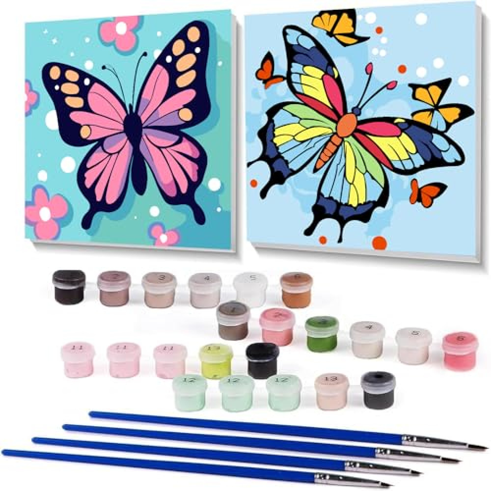 nekpiahu 2 Framed Butterfly Paint by Numbers Kit for Kids - Kids Paint by Number Kits Age 5-8-12, Easy Acrylic Oil Paint by Number for Kids 8x8inch
