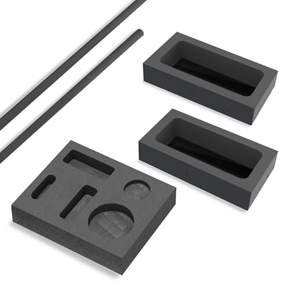 Nelyrho 5 Piece Graphite Ingot Mold Stir Rod Stick Kit with a 5 in 1 Ingot Mold, 2 Pieces 1KG Casting Mold and 2 Stir Rods for Casting Gold, Silver, Brass, Zinc and Aluminum