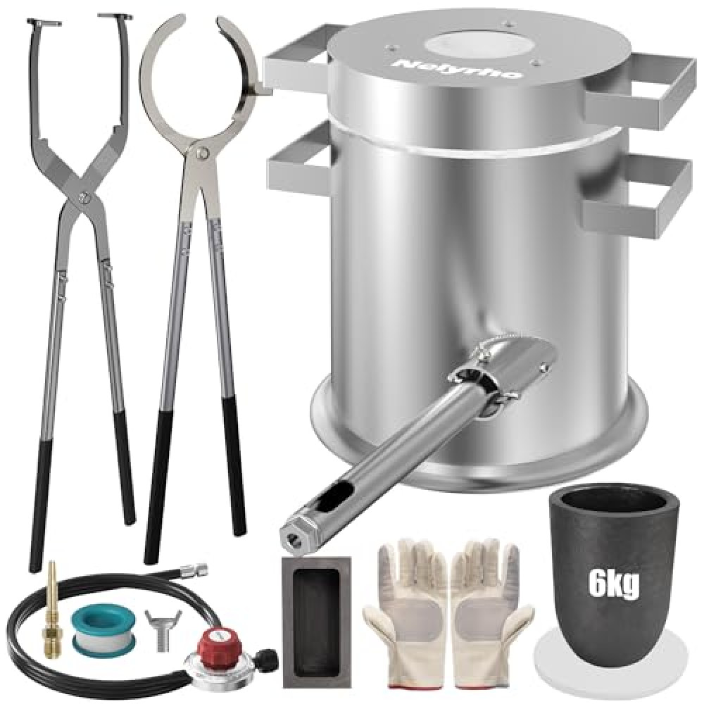 Nelyrho 6KG Propane Melting Furnace Kit with Two Crucible Tongs, Full Stainless Steel Foundry Kiln Smelting Gold Silver Copper Aluminum Metal Recycle Smelting Forge Casting Tool