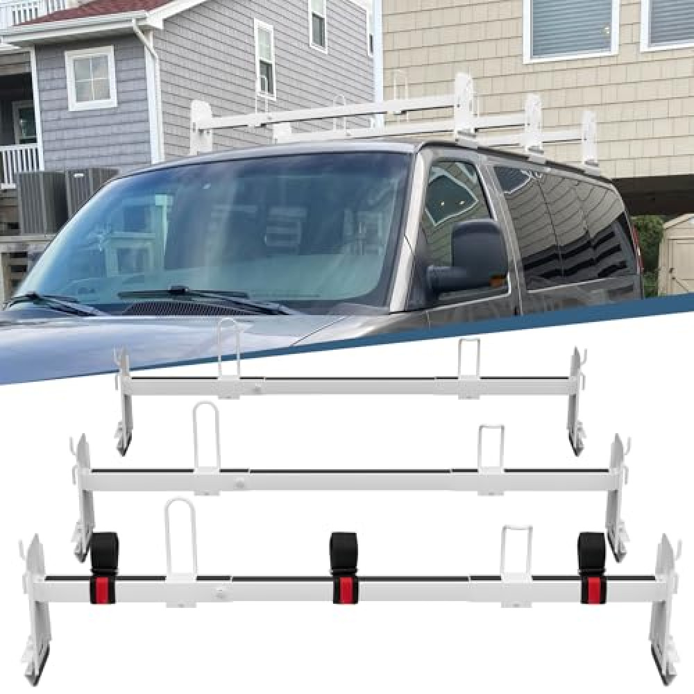 Neorexon Van Roof Ladder Rack 3 Bar Set, Adjustable Length 41.5''- 70'', Universal Van Roof Rack Fit for Chevy Express 1500 2500 3500 Ford Econoline GMC Savana Cargo Vans with Rain Gutter