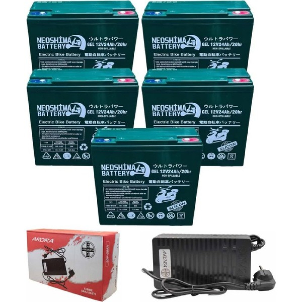 Neoshima 12V 24AH 5'li Elektrikli Bisiklet Aküsü ve Arora 60V 20-24 Şarj Cihazı Seti Akü Fiyatı