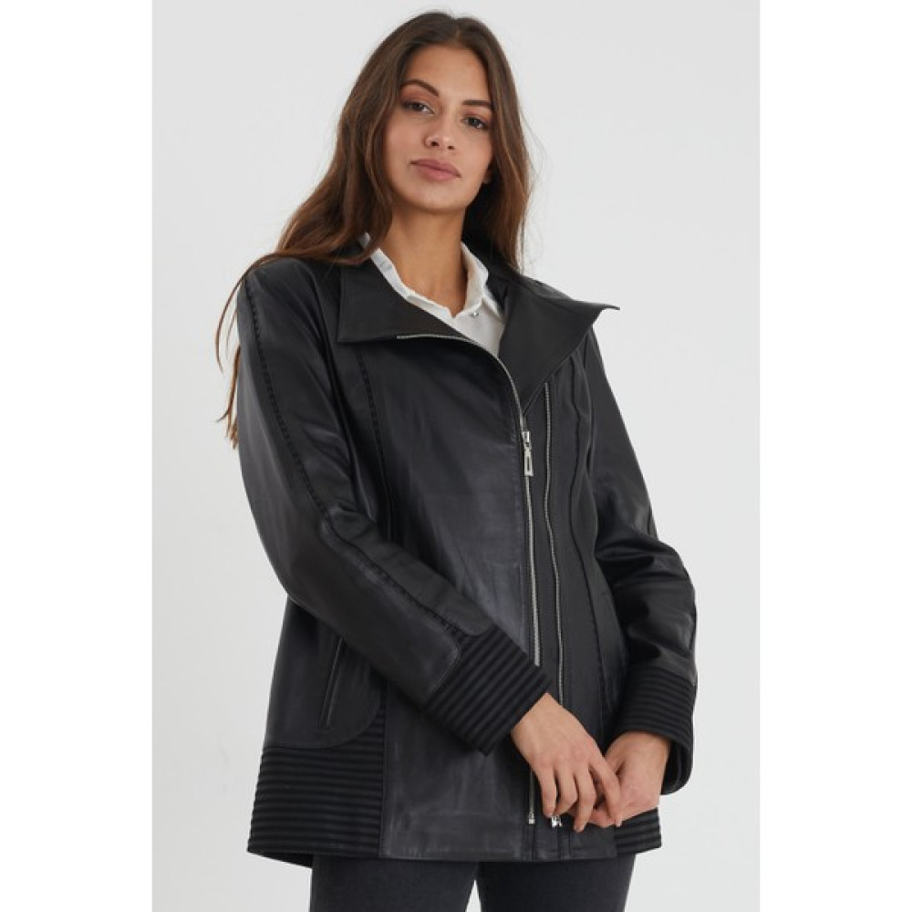 Nero Leather Fur Süet Garni Detaylı Çift Fermuarlı Kadın Deri Ceket Bayan Ceket Fiyatı