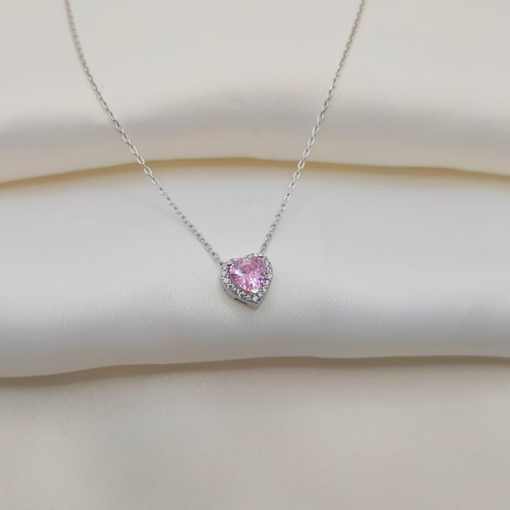 Nerry Gümüş Pembe Kalpli Baget Kolye 925 Ayar - 40+5cm Gümüş Kolye Fiyatı