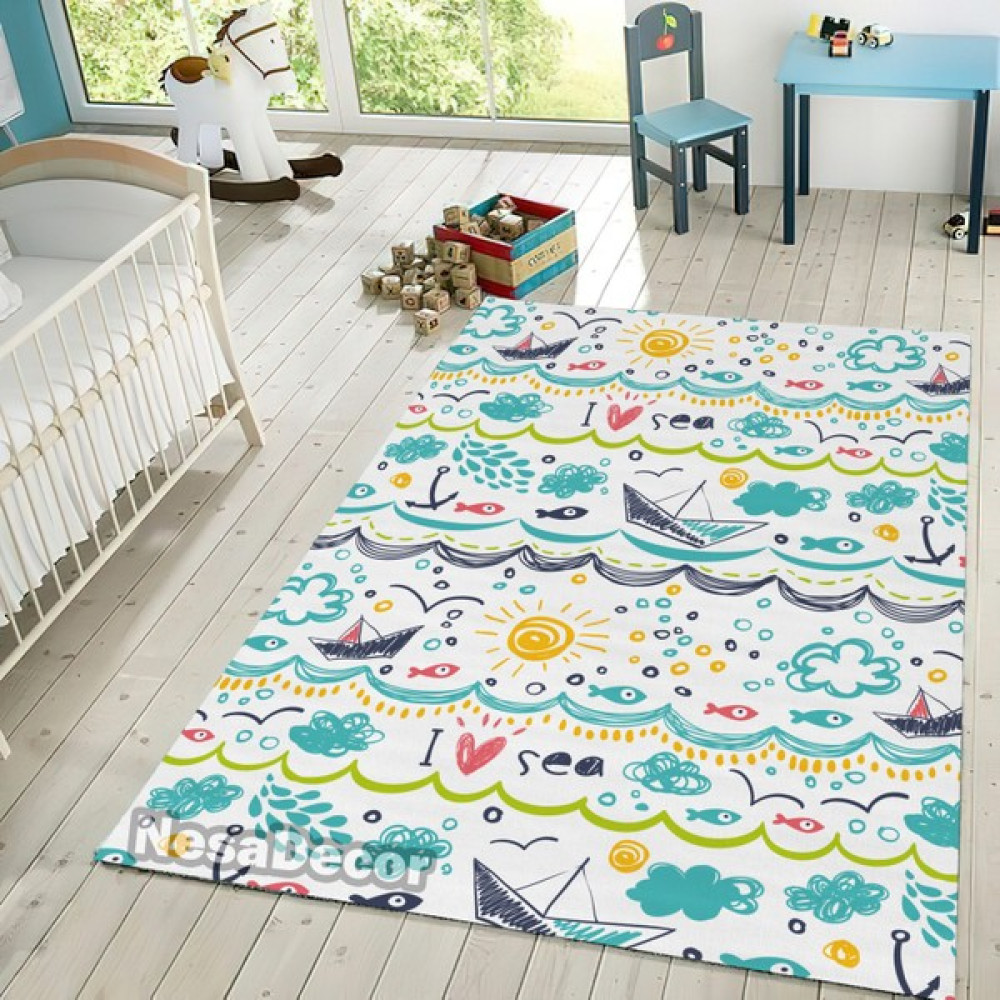Nesa Decor Denizci Desenli Çocuk Odası Halısı Sevimli Çocuk Odası Dekoru Oyun Matı Dekoratif Dijital Baskı Modern Halı - 80 x 80 cm - Mavi - Açık Mavi Bebek Odası Halı Fiyatı