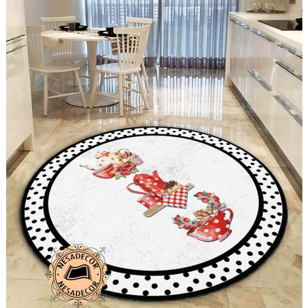 Nesa Decor Modern Mutfak Halısı Makinede Yıkanabilir Dijital Baskı Yuvarlak Mutfak Halısı - 80 x 80 cm - Siyah - Beyaz Salon Halısı Fiyatı