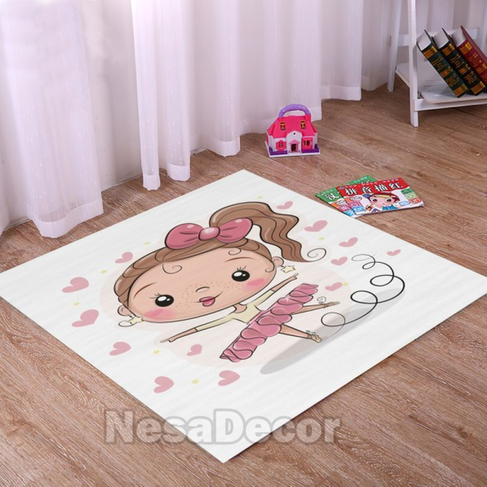 Nesa_Decor Prenses Kız Desenli Kalpli Halı Dijital Baskı Yıkanabilir Kaymaz Taban Kız Çocuk Odası Halısı - Beyaz - 60 x 90 cm Bebek Odası Halı Fiyatı