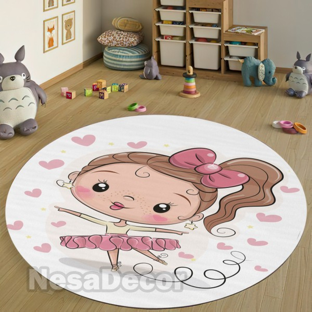 Nesa_Decor Prenses Kız Desenli Kalpli Halı Dijital Baskı Yıkanabilir Kaymaz Taban Kız Çocuk Odası Halısı - Kahverengi - 80 x 80 cm Bebek Odası Halı Fiyatı