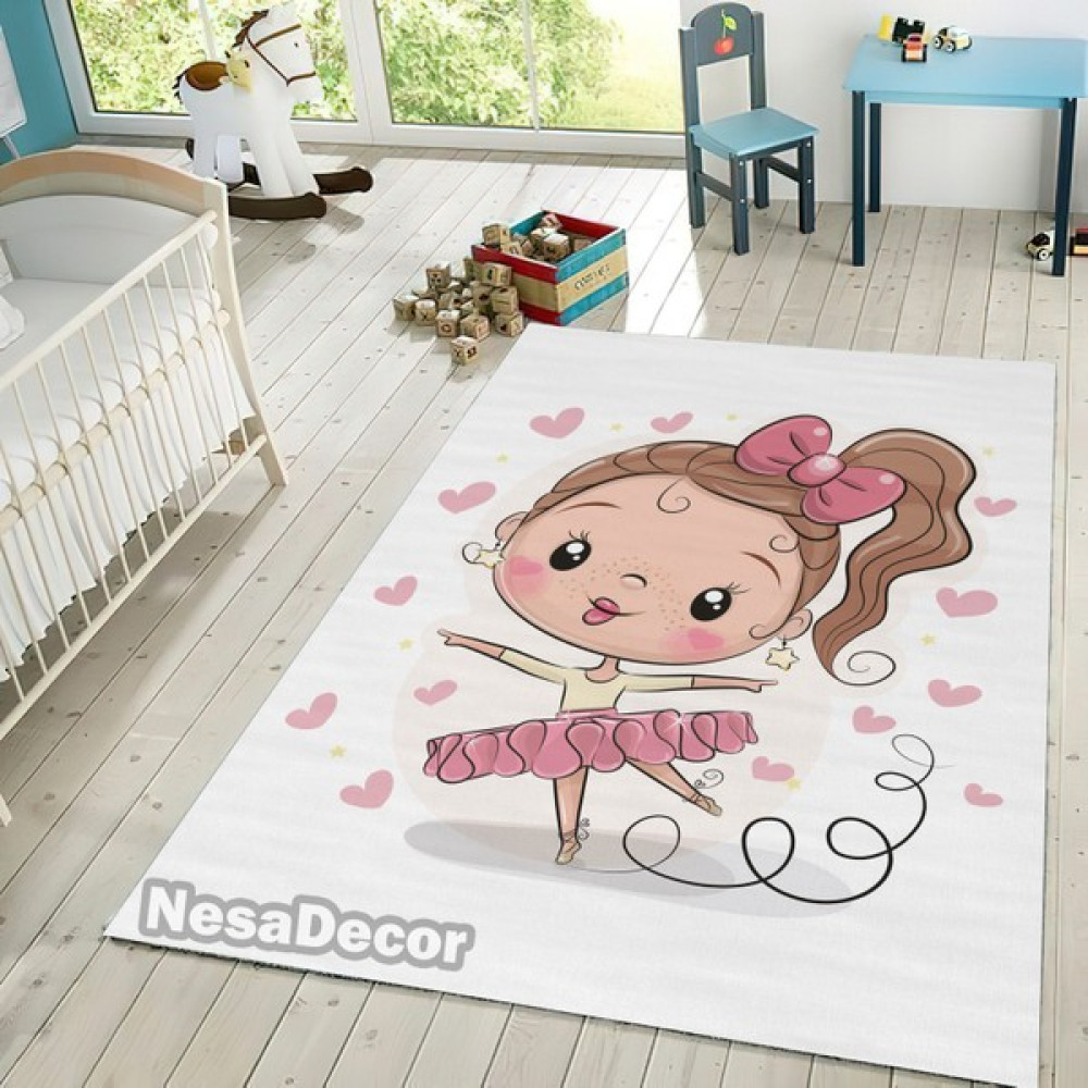 Nesa_Decor Prenses Kız Desenli Kalpli Halı Dijital Baskı Yıkanabilir Kaymaz Taban Kız Çocuk Odası Halısı - Pembe - 120 x 180 Bebek Odası Halı Fiyatı