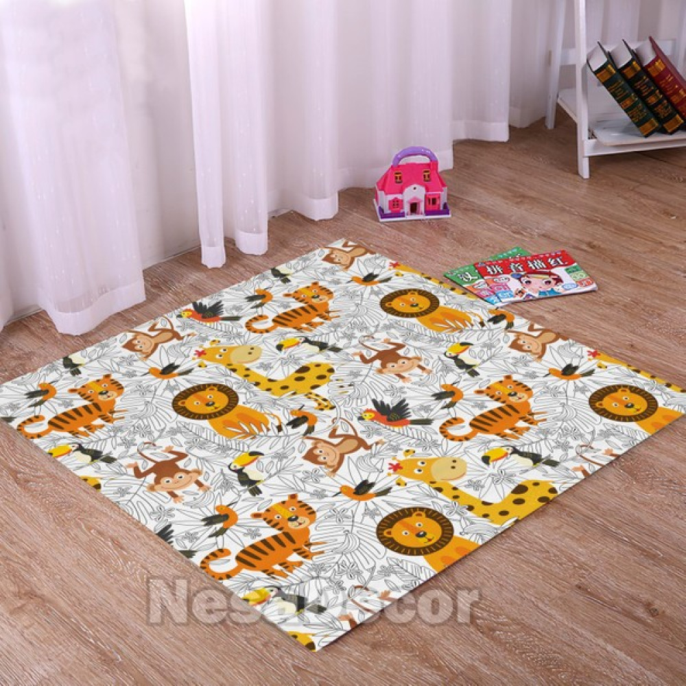 Nesa Decor Sevimli Hayvan Baskılı Kaymaz Taban Yumuşak Dokulu Çocuk Odası Halısı, Bebek Odası Halısı, Oyun Matı - Krem - Renkli - 80 x 80 cm Bebek Odası Halı Fiyatı