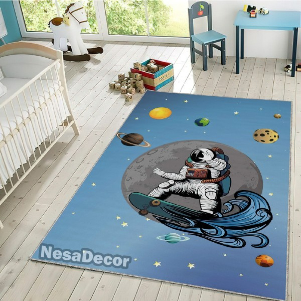 Nesa_Decor Uzay Dekoru, Astronot, Mars, Ay, Güneş, Uzay Temalı Çocuk Odası Halısı, Erkek Çocuk Odası Halısı - Mavi - 100 x 200 cm Bebek Odası Halı Fiyatı