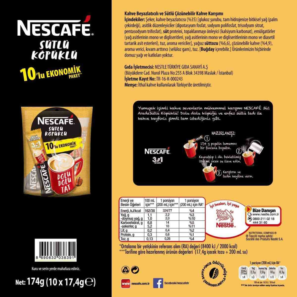 Nescafe 3'ü 1 Arada 17,4 gr 10'lu Paket Sütlü Köpüklü