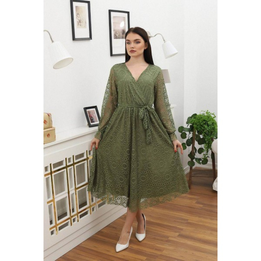 Neşeli Butik Kadın Bağlama Detaylı Dantel Elbise RSSN619 - Haki Elbise Fiyatı