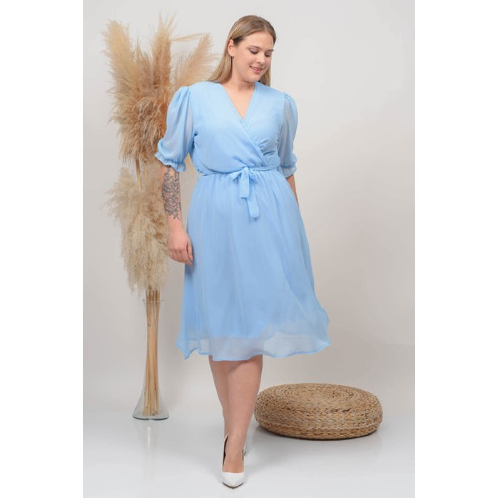Neşeli Butik Kadın Bebe Mavisi Kruvaze Yaka Büyük Beden Şifon Elbise NB8062 Elbise Fiyatı